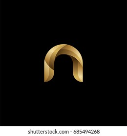 Initial lowercase letter n, curve rounded logo, gradient glossy gold color on black background