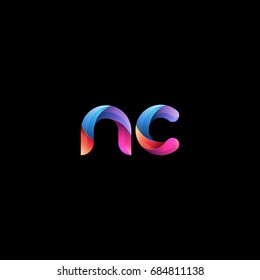 Initial lowercase letter nc, curve rounded logo, gradient vibrant colorful glossy colors on black background