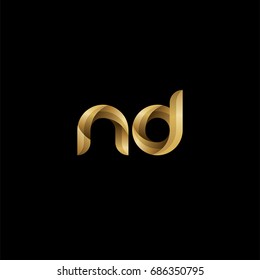 Initial lowercase letter nd, curve rounded logo, gradient glossy gold color on black background