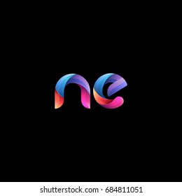 Initial lowercase letter ne, curve rounded logo, gradient vibrant colorful glossy colors on black background
