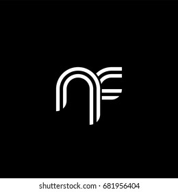 Initial lowercase letter nf, linked outline rounded logo, white color on black background