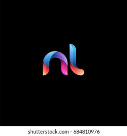 Initial lowercase letter nl, curve rounded logo, gradient vibrant colorful glossy colors on black background