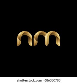 Initial lowercase letter nm, curve rounded logo, gradient glossy gold color on black background