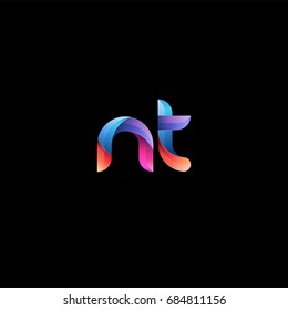 Initial lowercase letter nt, curve rounded logo, gradient vibrant colorful glossy colors on black background