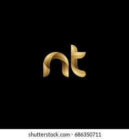 Initial lowercase letter nt, curve rounded logo, gradient glossy gold color on black background