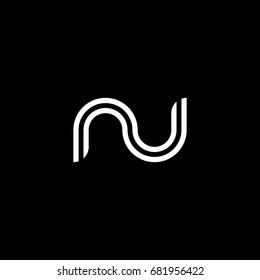 Initial lowercase letter nu, linked outline rounded logo, white color on black background