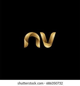 Initial lowercase letter nv, curve rounded logo, gradient glossy gold color on black background
