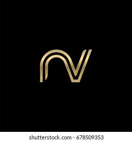 Initial lowercase letter nv, linked outline rounded logo, elegant golden color on black background