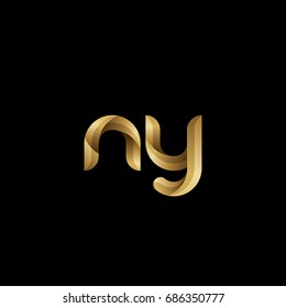 Initial lowercase letter ny, curve rounded logo, gradient glossy gold color on black background