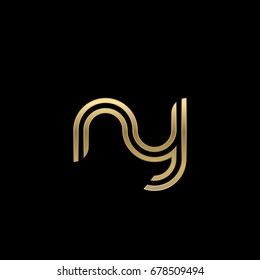 Initial lowercase letter ny, linked outline rounded logo, elegant golden color on black background