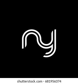 Initial lowercase letter ny, linked outline rounded logo, white color on black background