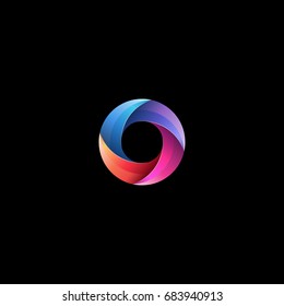 Initial lowercase letter o, curve rounded logo, gradient vibrant colorful glossy colors on black background