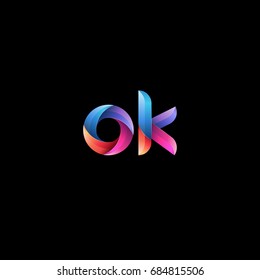 Initial lowercase letter ok, curve rounded logo, gradient vibrant colorful glossy colors on black background