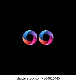 Initial lowercase letter oo, curve rounded logo, gradient vibrant colorful glossy colors on black background