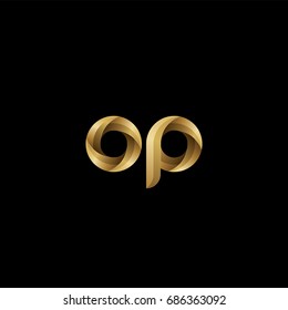 Initial lowercase letter op, curve rounded logo, gradient glossy gold color on black background