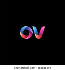 Initial lowercase letter ov, curve rounded logo, gradient vibrant colorful glossy colors on black background