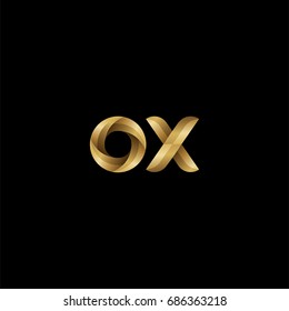 Initial lowercase letter ox, curve rounded logo, gradient glossy gold color on black background