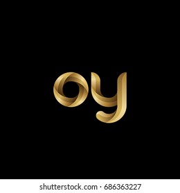 Initial lowercase letter oy, curve rounded logo, gradient glossy gold color on black background