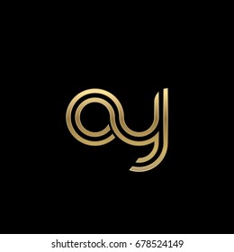 Initial lowercase letter oy, linked outline rounded logo, elegant golden color on black background