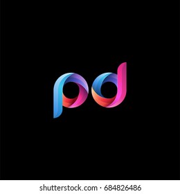 Initial lowercase letter pd, curve rounded logo, gradient vibrant colorful glossy colors on black background