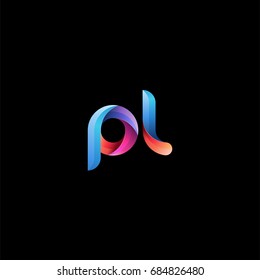 Initial lowercase letter pl, curve rounded logo, gradient vibrant colorful glossy colors on black background