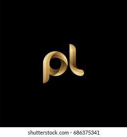 Initial lowercase letter pl, curve rounded logo, gradient glossy gold color on black background