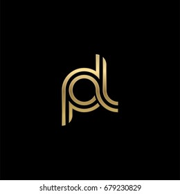 Initial lowercase letter pl, linked outline rounded logo, elegant golden color on black background