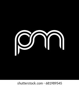 Initial lowercase letter pm, linked outline rounded logo, white color on black background