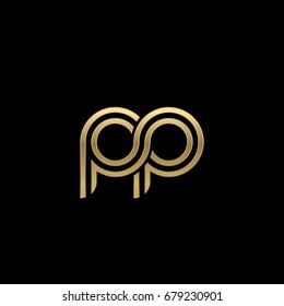 Initial lowercase letter pp, linked outline rounded logo, elegant golden color on black background