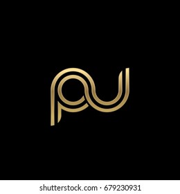 Initial lowercase letter pu, linked outline rounded logo, elegant golden color on black background