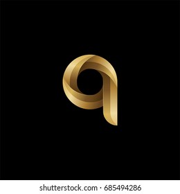 Initial lowercase letter q, curve rounded logo, gradient glossy gold color on black background