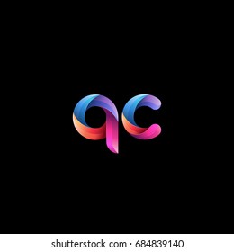 Initial lowercase letter qc, curve rounded logo, gradient vibrant colorful glossy colors on black background