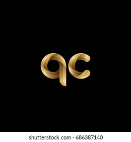 Initial lowercase letter qc, curve rounded logo, gradient glossy gold color on black background