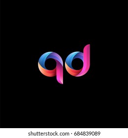 Initial lowercase letter qd, curve rounded logo, gradient vibrant colorful glossy colors on black background