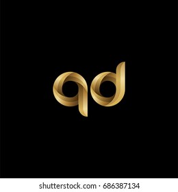 Initial lowercase letter qd, curve rounded logo, gradient glossy gold color on black background