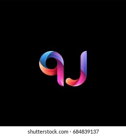 Initial lowercase letter qj, curve rounded logo, gradient vibrant colorful glossy colors on black background