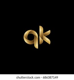 Initial lowercase letter qk, curve rounded logo, gradient glossy gold color on black background