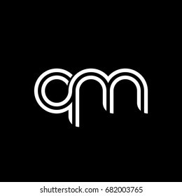 Initial lowercase letter qm, linked outline rounded logo, white color on black background