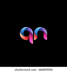 Initial lowercase letter qn, curve rounded logo, gradient vibrant colorful glossy colors on black background