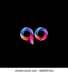 Initial lowercase letter qo, curve rounded logo, gradient vibrant colorful glossy colors on black background