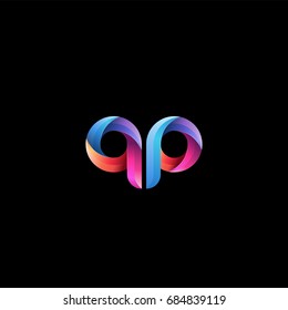 Initial lowercase letter qp, curve rounded logo, gradient vibrant colorful glossy colors on black background