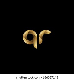 Initial lowercase letter qr, curve rounded logo, gradient glossy gold color on black background