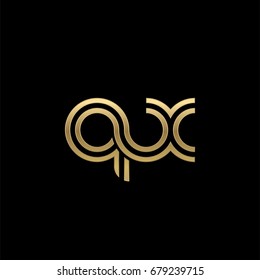 Initial lowercase letter qx, linked outline rounded logo, elegant golden color on black background