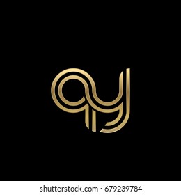 Initial lowercase letter qy, linked outline rounded logo, elegant golden color on black background