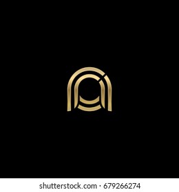 Initial lowercase letter ra, linked outline rounded logo, elegant golden color on black background