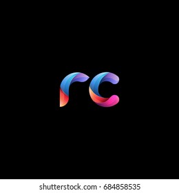 Initial lowercase letter rc, curve rounded logo, gradient vibrant colorful glossy colors on black background