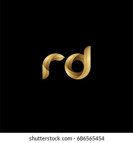 Initial lowercase letter rd, curve rounded logo, gradient glossy gold color on black background