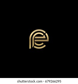 Initial lowercase letter re, linked outline rounded logo, elegant golden color on black background