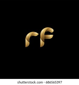 Initial lowercase letter rf, curve rounded logo, gradient glossy gold color on black background