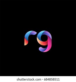 Initial lowercase letter rg, curve rounded logo, gradient vibrant colorful glossy colors on black background